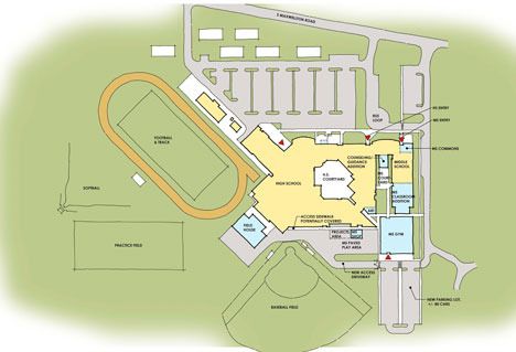 The drawing above is a conceptual design for changes proposed at South Whidbey High School. The areas in blue represent new additions; the row of classrooms designated for middle school students is on the right