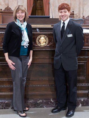 Rep. Norma Smith visits with page James Itaya who served in Olympia in April.