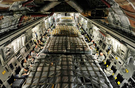 An Air Force expeditionary medical support team leaves Lackland Air Force Base