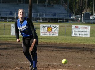 Falcon Rebecca Stratton sends the first pitch of the new season to Cedar Park Christian’s Mary Larson as the South Whidbey fastpitch softball season gets under way.