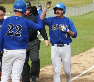 Falcon Nick Tenuta crosses the plate after hitting a home run on Wednesday.