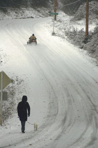 A snowmobile rider makes his way up George Drive in Scatchet Head while a woman walking a dog slowly follows the same route. Roadways on the South End turned treacherous after a midweek storm hit the Puget Sound.