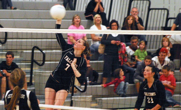 Linden Firethorne scores one of her team-high 15 kills against Cedarcrest on Thursday night. She played through a cracked rib and helped South Whidbey rally from being down two sets to win the match and remain undefeated.