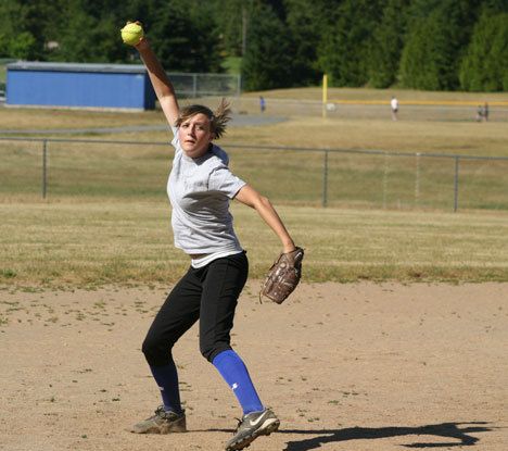 Little League softball pitcher MacKenzie Hezel focuses on her throwing skills as her team gets set for the upcoming All Star games. The tournament begins July 9 at Volunteer Park in Oak Harbor.