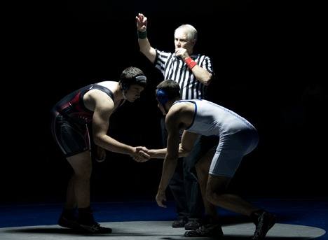 Falcon Dillon Parrick (right) sizes up ATM opponent Ryan Saparto in what turned out to be the easy moment of the night for the South Whidbey grappler. Parrick fell in defeat