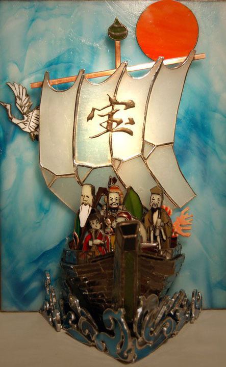 This 'Takarabune Ship of Treasure' by stained-glass artist Gioia Boerrigter and is on display through September at Artworks Gallery in Greenbank.