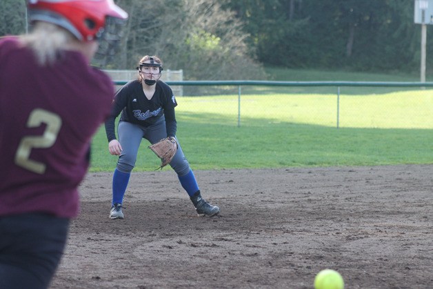 Kacie Hanson awaits the play during a game this season against Lakewood. The 10th-grade third baseman earned her second consecutive nomination to the all-Cascade Conference softball second team.