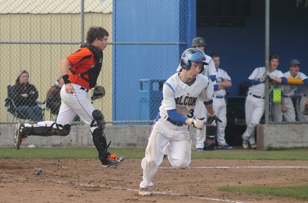 Falcon sophomore Connor Antich sprints to first base after bunting against Granite Falls on March 27.