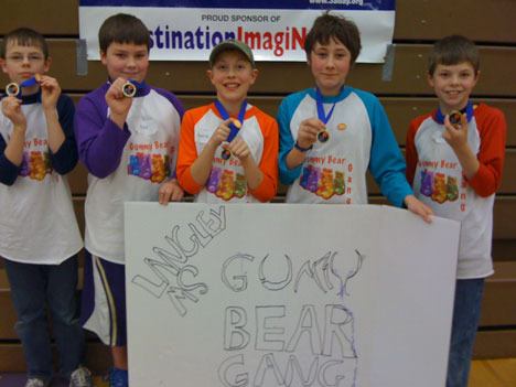 The “Gummy Bear Gang” from the Langley Middle School Destination Imagination team holds up their medals. The team bears are Jake Papritz