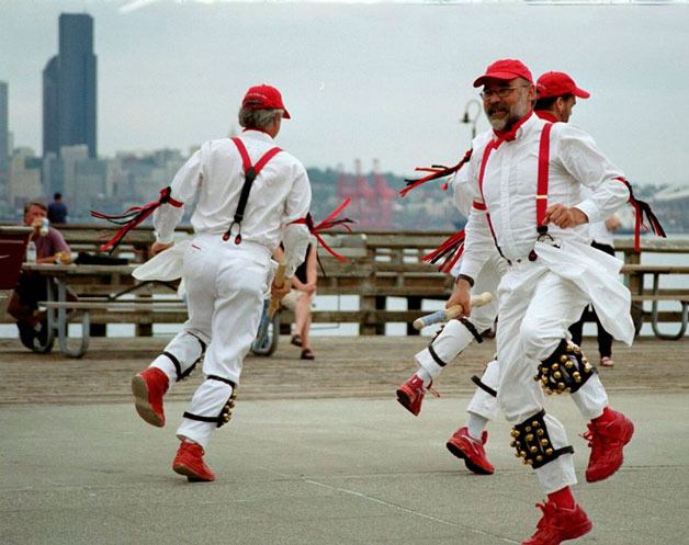 The MossyBack Morris Men of Seattle dance in West Seattle. The Seattle troupe will team up with the Vancouver Morris Men of British Columbia for their 24th annual tour of Whidbey Island. The group will be joined by the Rising Phoenix Morris Men of Los Angeles