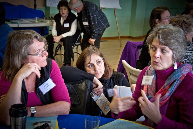 Island County Commissioner Helen Price Johnson listens to Clinton resident and small business owner Sherryl Christie-Bierschenk during a planning meeting earlier this year concerning the community future. A meeting will be held next week concerning the establishment of a community council.