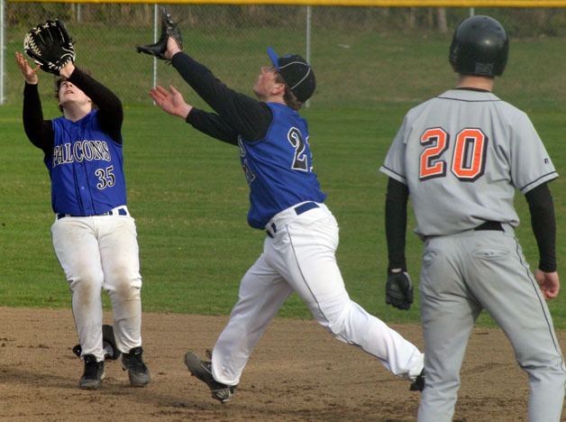 Second baseman Spencer Koszarek eyes a pop fly as first baseman Jack Lewis comes in