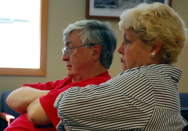 Mo’s Pub & Eatery owners Bob Trenchard and Maureen Cooke listen during a recent Langley Planning Advisory Board meeting regarding rules that would restrict them from expanding.