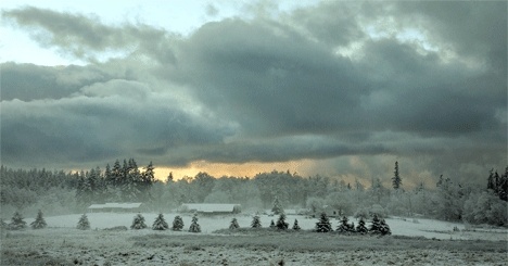 Mondays snow blankets a farmhouse