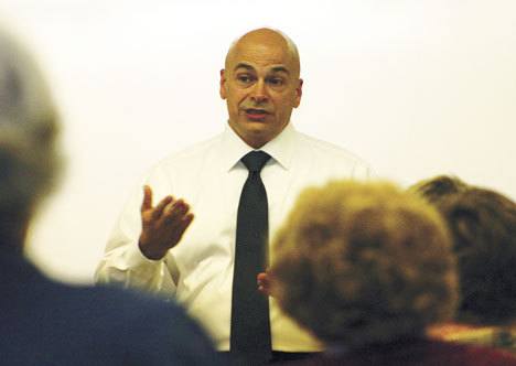 Whidbey General Hospital CEO Tom Tomasino makes his first appearance on South Whidbey Thursday at the senior center.