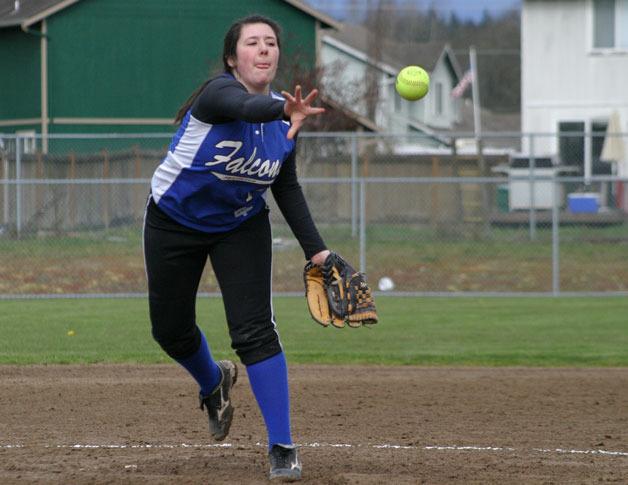 Katy Piehler pitches against Granite Falls. Piehler gave up six runs on 10 hits and two walks while striking out three batters. South Whidbey lost 6-0 on Thursday for its sixth loss.