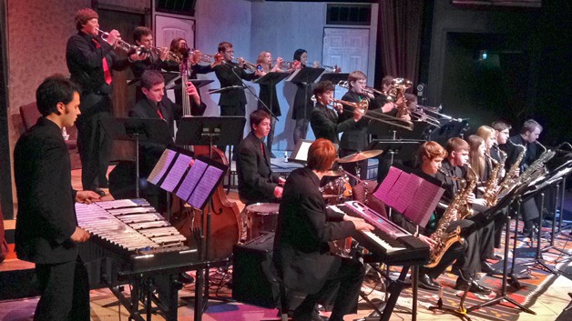 South Whidbey High School Jazz Ensemble students play during a recent performance. From the back row: Alec Chinnery