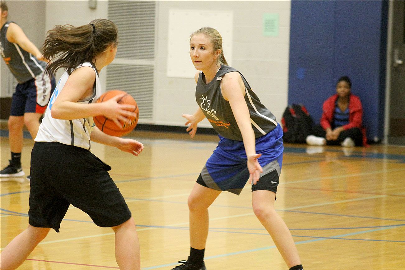 Evan Thompson / The Record                                South Whidbey junior Kolby Heggenes defends against senior Bailey Forsyth at a practice Tuesday afternoon.