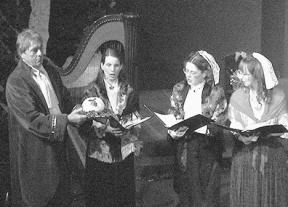 Three women serenade Picksniff the butler