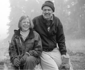 Susan Prescott and Michael Seraphinoff pause during some outdoor work at the wooded site of their yurt at Greenbank. The two are known for their commitment to responsible