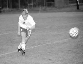 Freshman defender Rita Jones takes one of her rare shots on goal early this season. She was part of a defensive line that helped take the Falcons to their best season record ever.