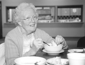 Frances Mott of Langley tests a bowl of chicken noodle soup on Thursday at a trial run of Langley Christian & Missionary Alliance Church's soup kitchen. The soup kitchen will run in the Fellowship Hall of the Church Tuesdays and Thursdays from noon to 1:30 p.m. for anyone who would enjoy a hot bowl of soup.