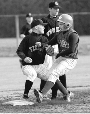 Michael Lodell gets picked off at second base in the third inning of Wednesday's game between the Falcons and the Granite Falls Tigers. Heavy pressure put on South Whidbey baserunners largely kept them from reaching home plate in the 6-1 loss.