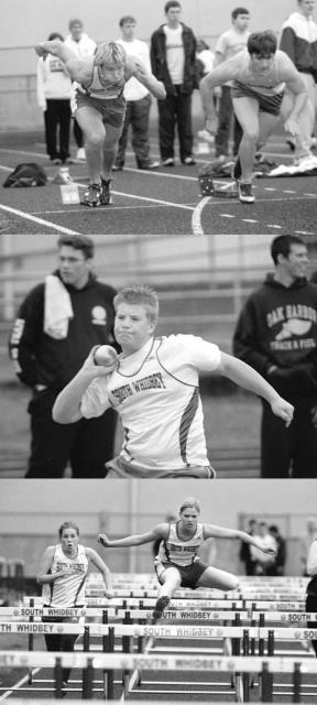 Top: Zach Taylor gets it moving fast in the 100-meter dash in Thursday's jamboree meet at South Whidbey High School. Taylor finished fourth in a field loaded with Falcons -- South Whidbey took three of the top four places in the event. Middle: Freshman Todd Berry shows perfect form as he tosses for just over 32 feet. Bottom: Suzi Crouchon and Becky Gabelein air it out in the girls 100-meter intermediate hurdles Thursday.