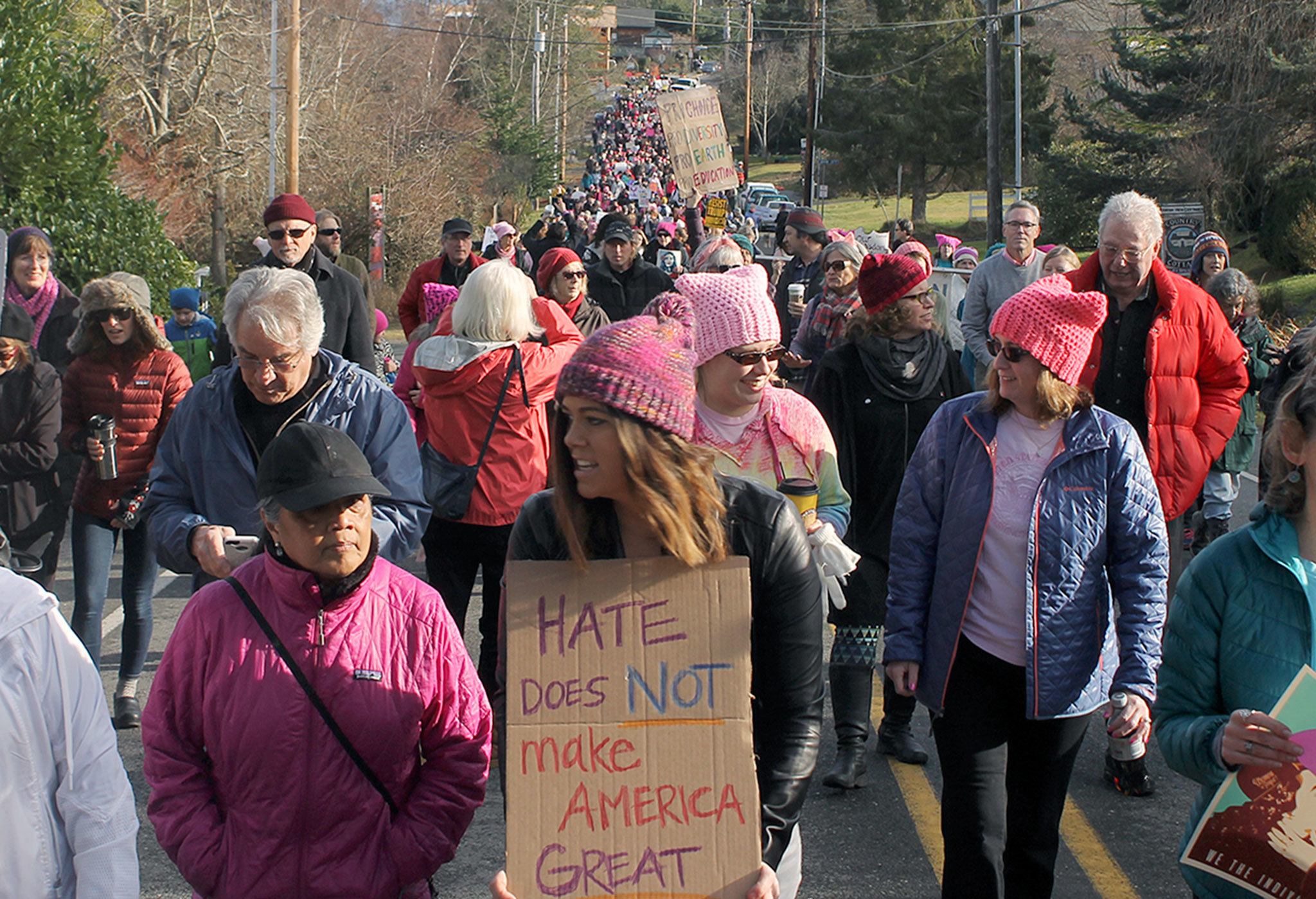 Evan Thompson / The Record — Between 1,200 and 1,300 people participated in the Women’s March, Langley, Washington protest on Saturday in Langley. Protestors defended women’s rights, civil rights, LGBQT rights, supported inclusion and compassion for others and oppose Trump’s rhetoric during his campaign.