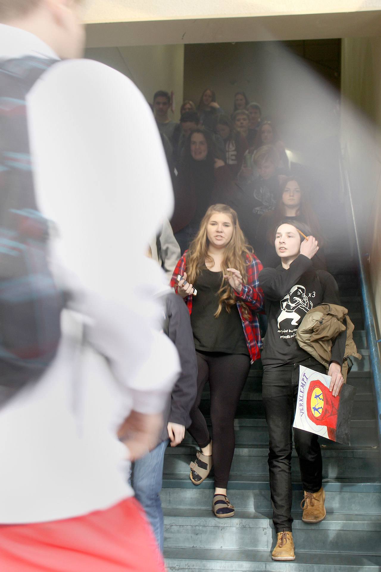 Evan Thompson / The Record — South Whidbey High School students walk down a staircase at the end of a school day on Thursday afternoon. The hallways may a little bit more crowded as Langley Middle School grades 7 and 8 will be relocating to the high school in the fall.