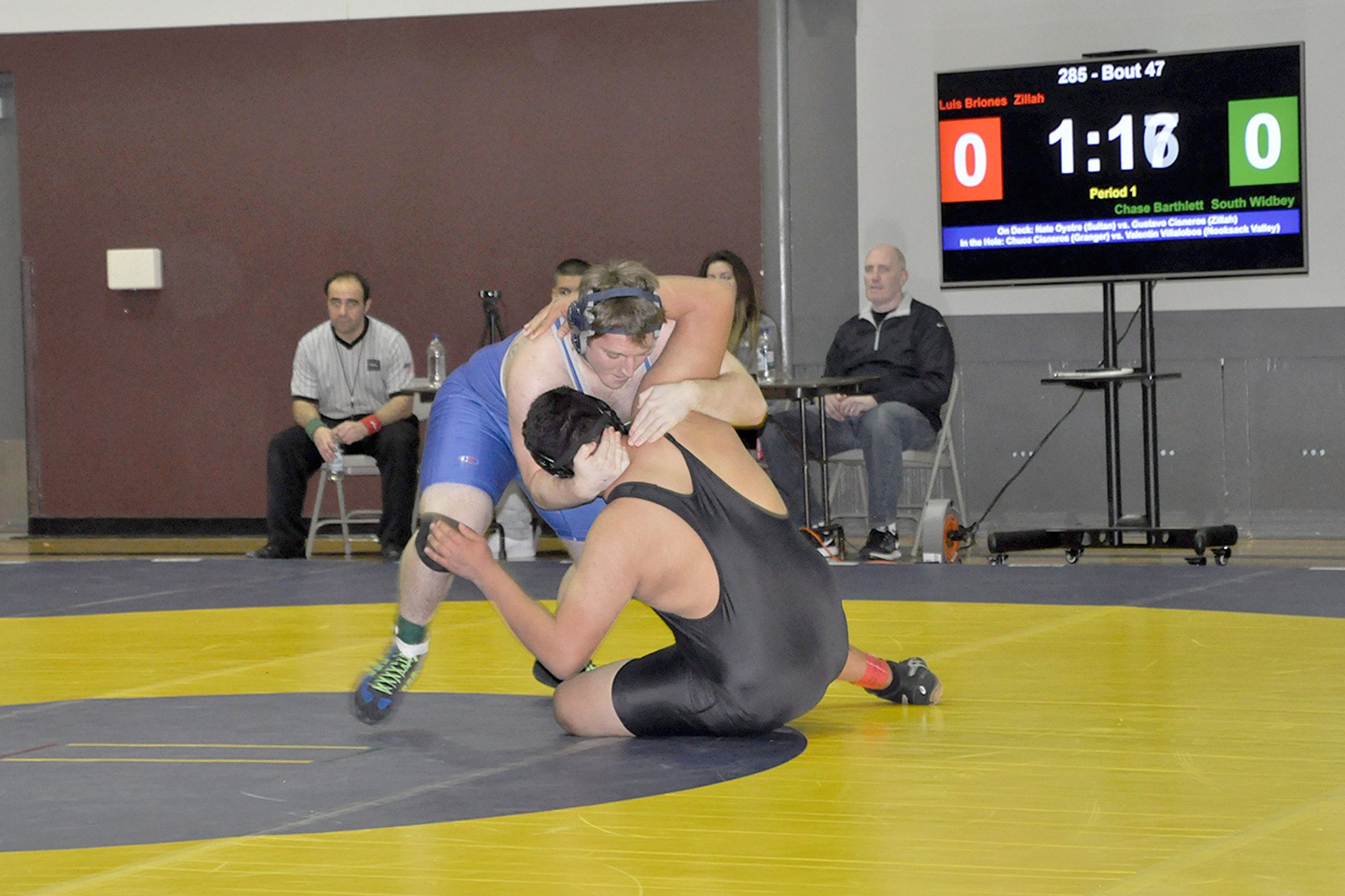 Melissa Newman photo — South Whidbey senior Chase Barthlett pinned Zillah’s Luis Briones in the first round of the class 1A Region 2 tournament on Feb. 11. Barthlett eventually qualified for the state tournament.