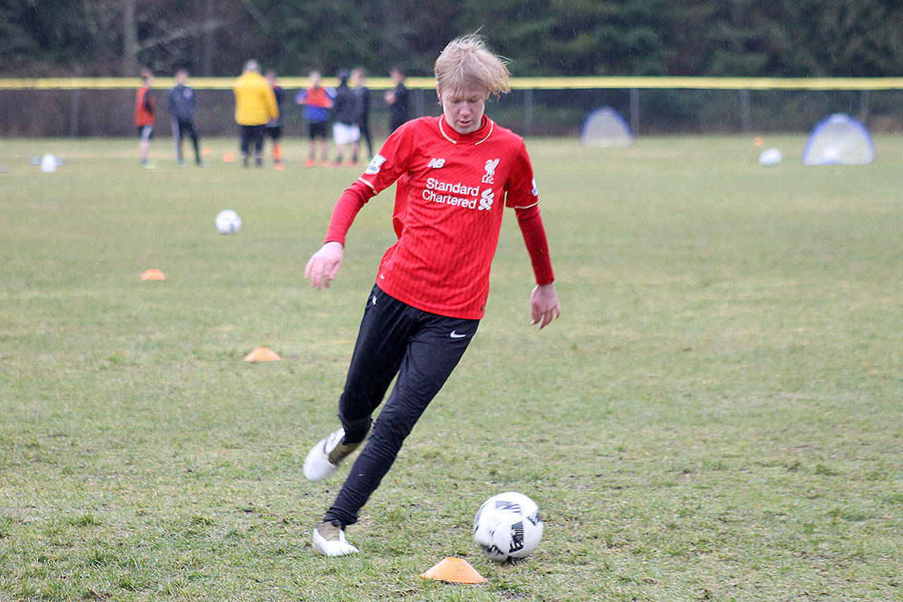 Evan Thompson / The Record — Oliver Lauritsen, a foreign exchange student from Denmark, recently joined South Whidbey’s boys soccer team this spring and will help the Falcons’ attack as a midfielder.