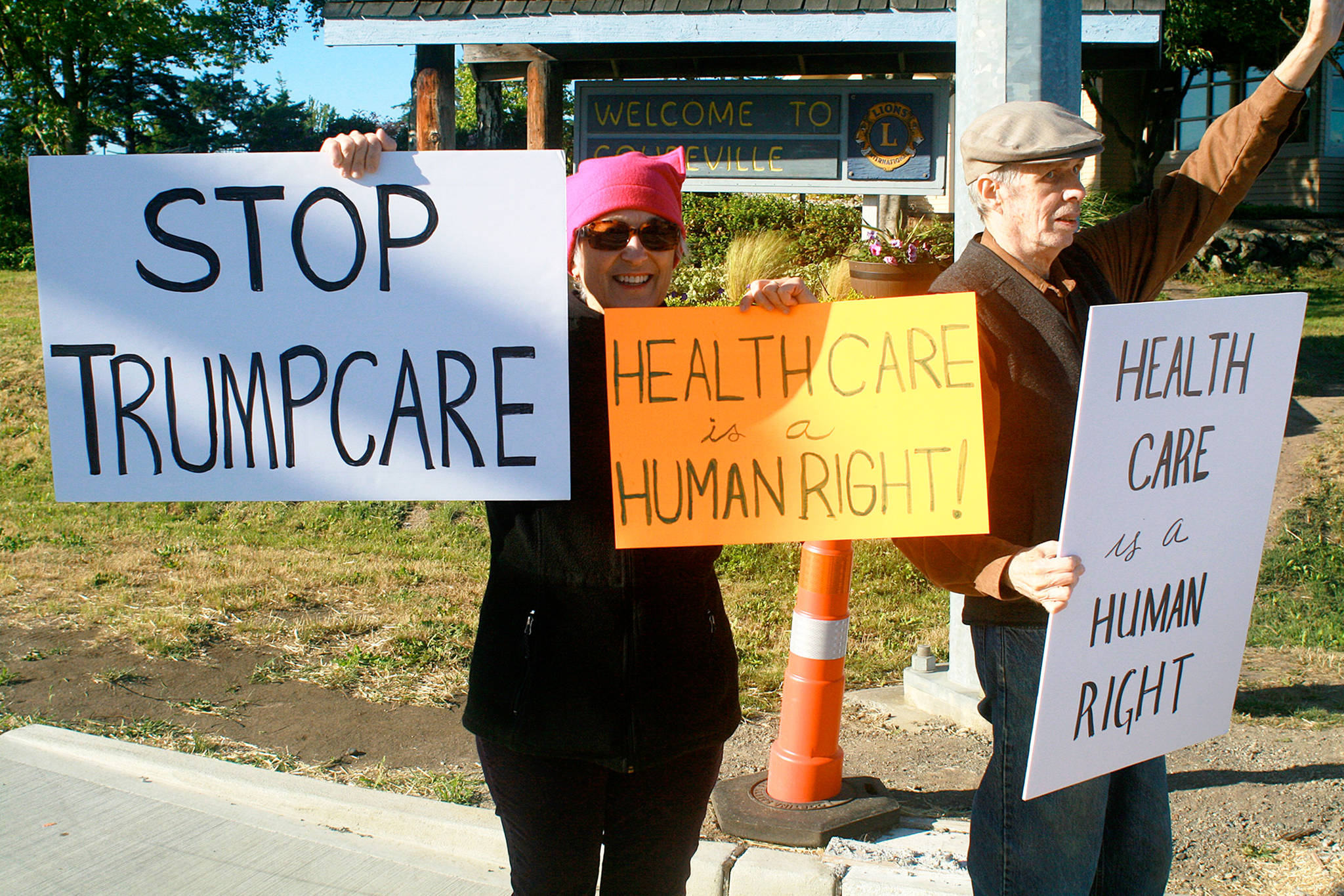 Oak Harbor resident Jane Janehning, left, and Clinton resident Malcolm Cummings protest the coming of Trumpcare as part of a protest vigil Tuesday in Coupeville. Photo by Daniel Warn/Whidbey News Group                                Daniel Warn / Whidbey News Group — Oak Harbor resident Jane Janehning, left, and Clinton resident Malcolm Cummings protest the coming of Trumpcare as part of a protest vigil Tuesday in Coupeville.