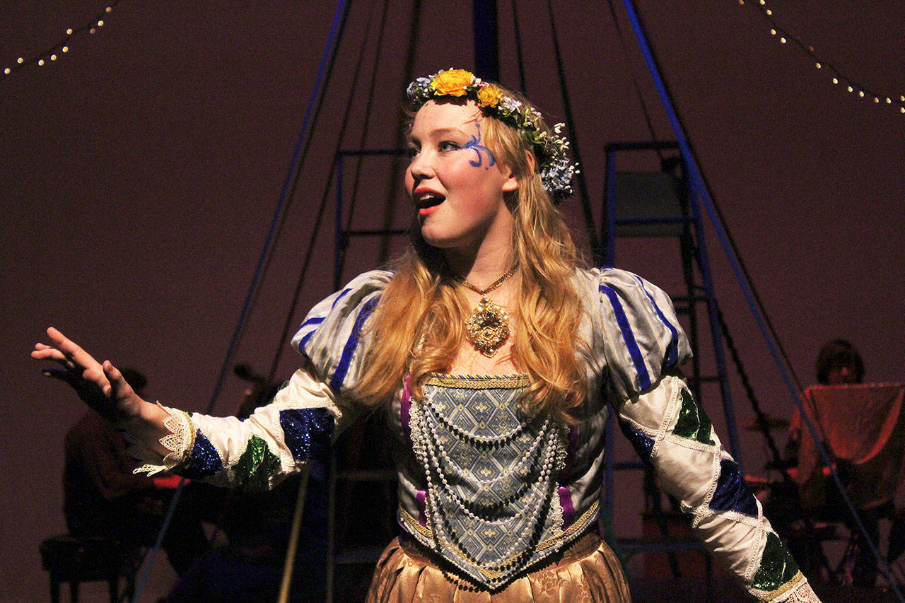 Fritha Strand photo — Clinton resident Annika Hustad, 17, plays the young lover Luisa in “The Fantasticks” at Whidbey Island Center for the Arts. Her father, St. Peter’s Lutheran Church pastor Mikkel Hustad, players Luisa’s father in the musical.