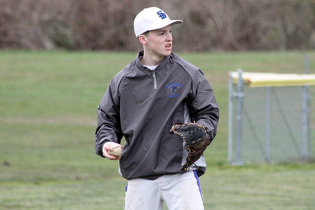 Evan Thompson / The Record — South Whidbey senior Taylor “Crash” Brown is the only returning starter on a Falcon baseball squad that lost seven seniors to graduation in 2017.