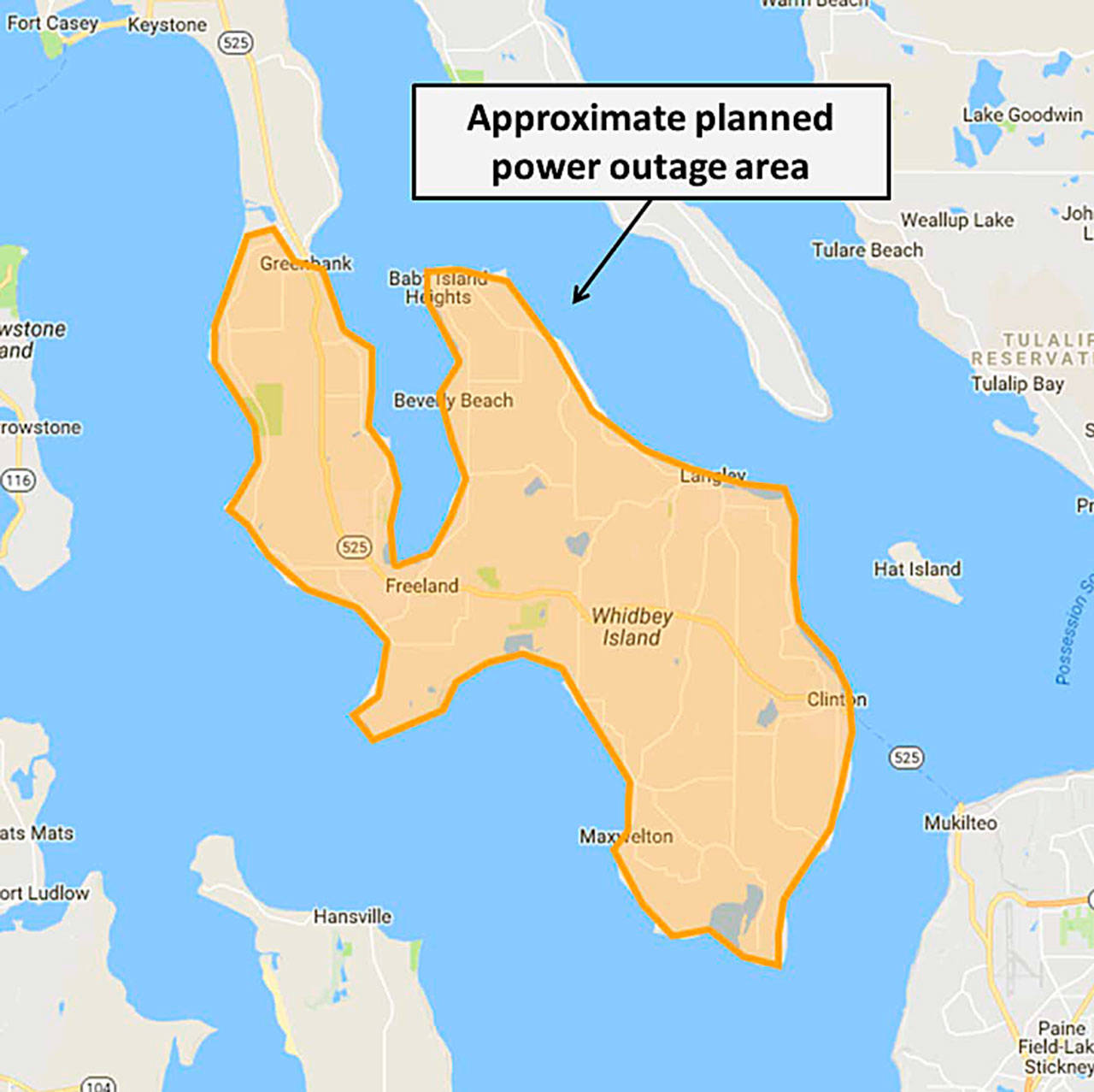 Area of the planned outage is highlighted in gold.