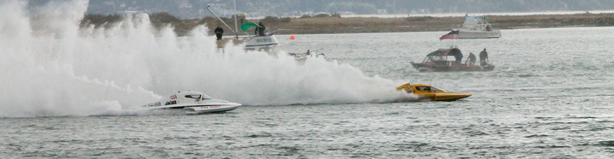 Boats zip along the Oak Harbor course during last year’s Hydros for Heroes. (Photo by Jim Waller/Whidbey News Group)