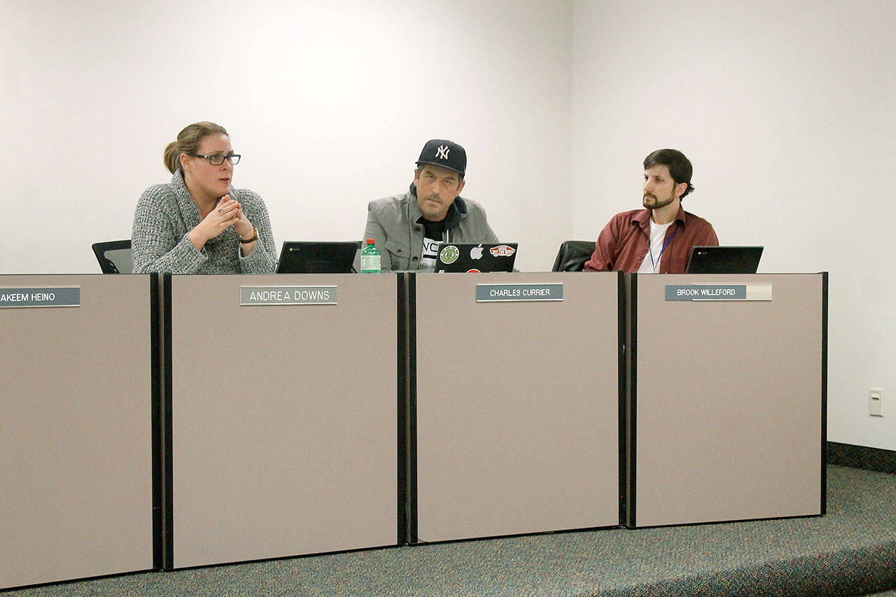 Photo by Kira Erickson/Whidbey News Group/                                School board members spent the beginning of the meeting last Wednesday night discussing the renewal of Superintendent Jo Moccia’s three-year contract.