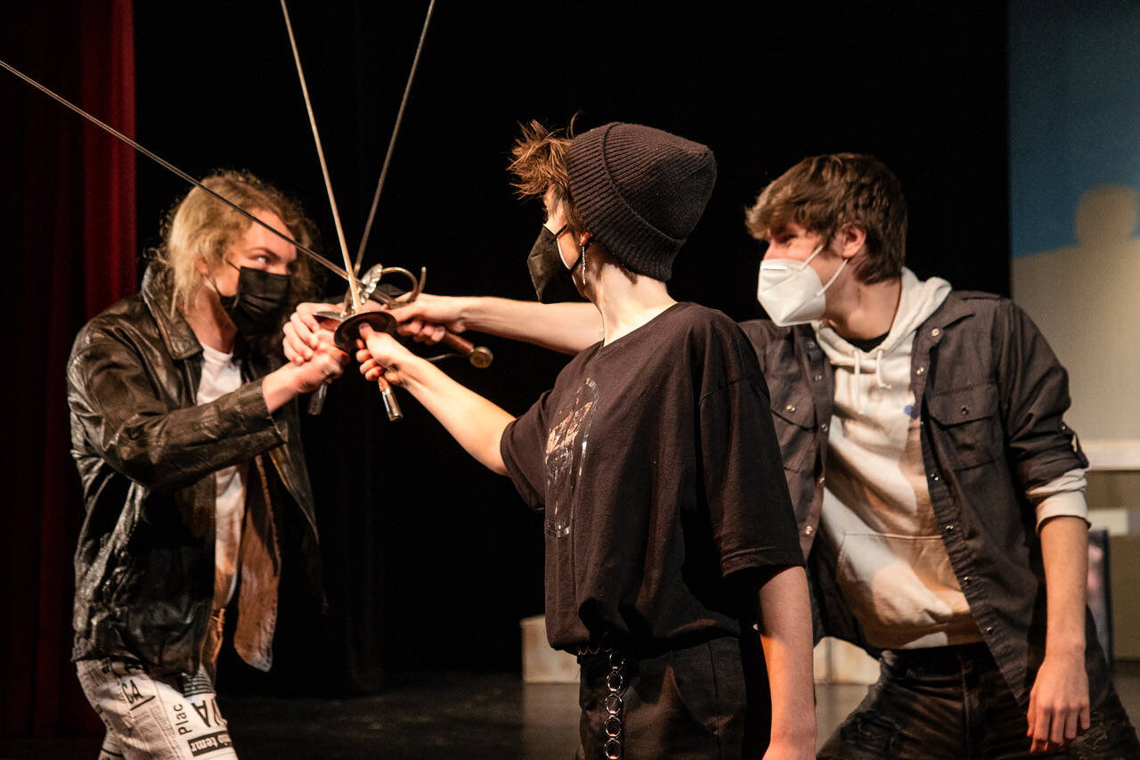 Photo by Dave Welton
From left to right, Athos (Aidan Martin), Sabine (Annabella Harrison) and D’Artagnan (Callum Cassee) engage in stage combat.