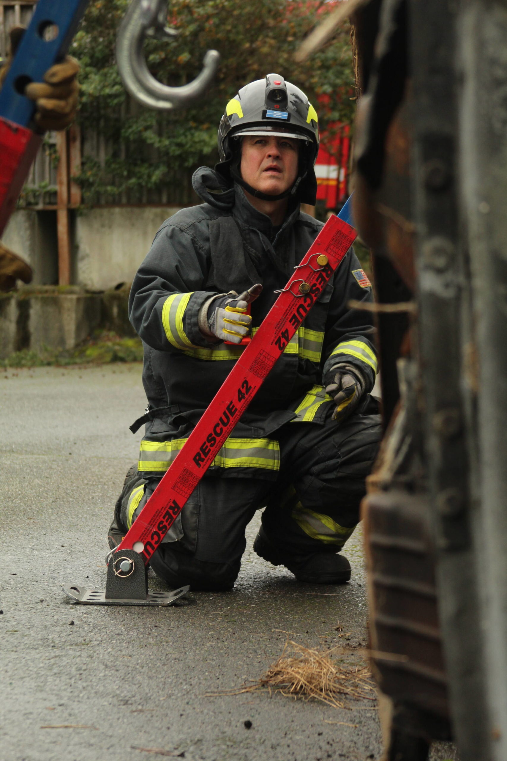 Photo by Karina Andrew/Whidbey News-Times
Central Whidbey firefighter Jeff Rhodes participates in a vehicle extrication training Feb. 9.