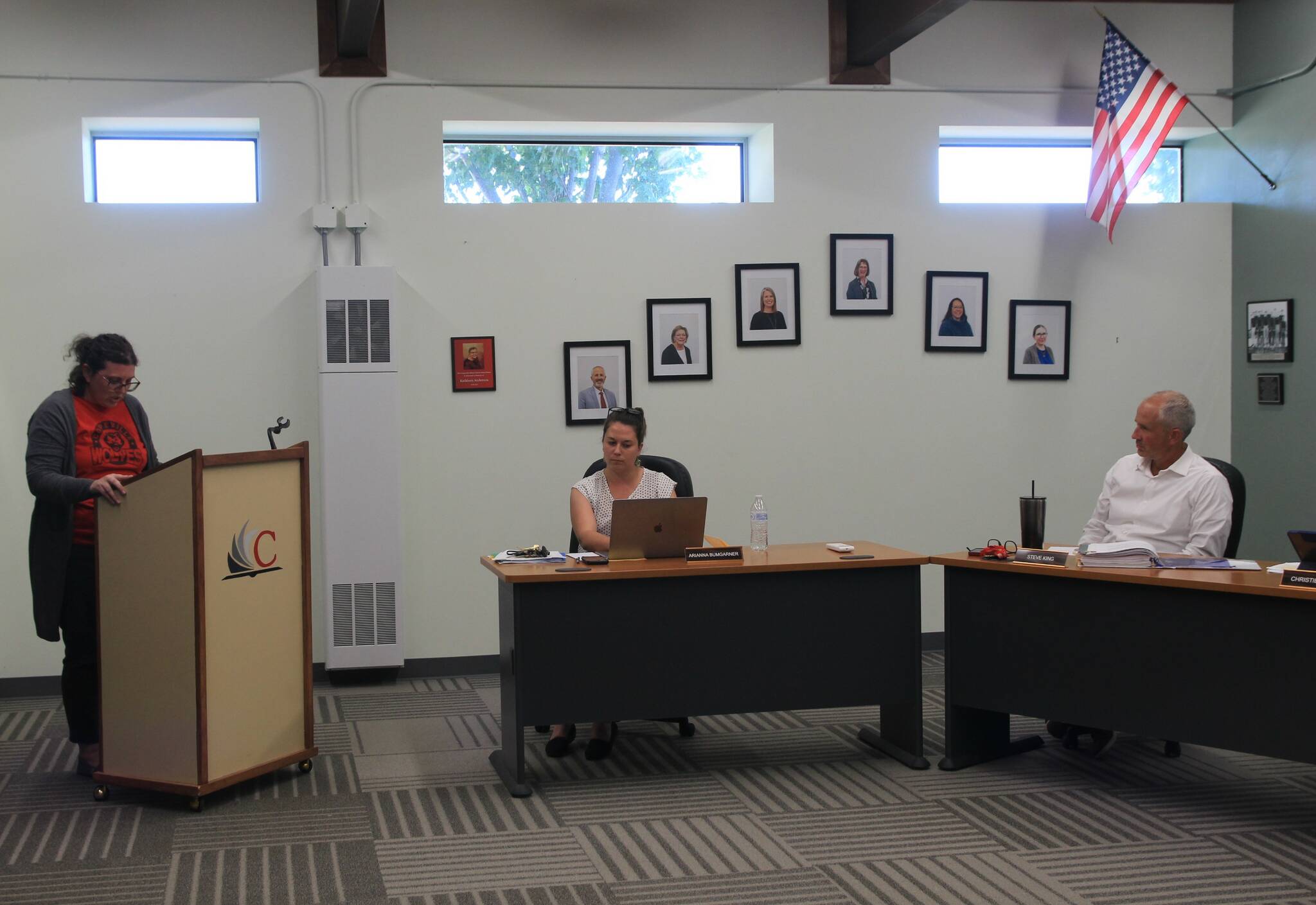 Parents and teachers attended the Coupeville School Board asking the board to reconsider some budget cuts, including reductions affecting paraeducators. (Photo by Luisa Loi/Whidbey News-Times)