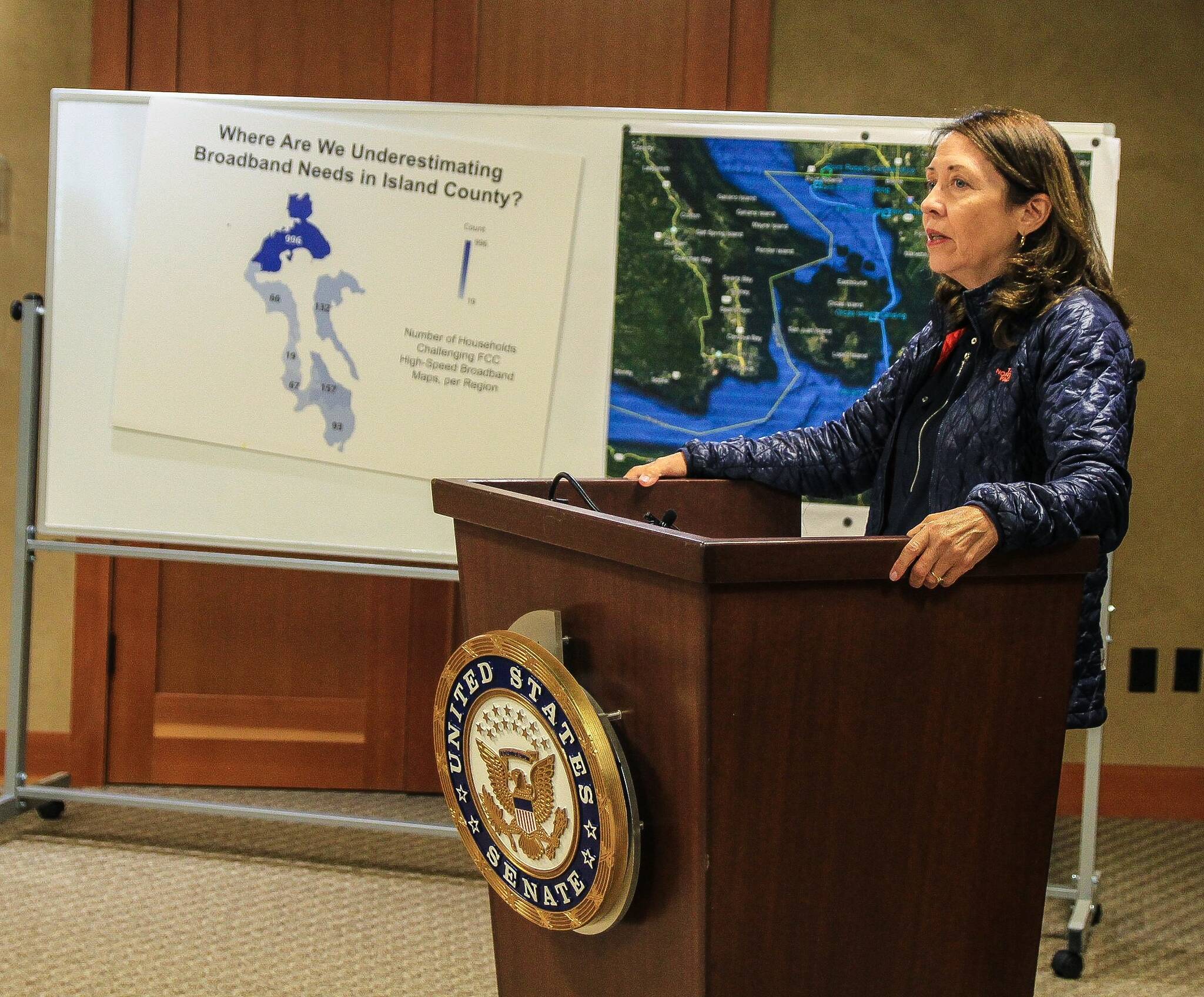 Senator Maria Cantwell gave a speech at Whidbey Telecom’s building in Freeland on Aug. 19. (Photo by Luisa Loi/Whidbey News-Times)