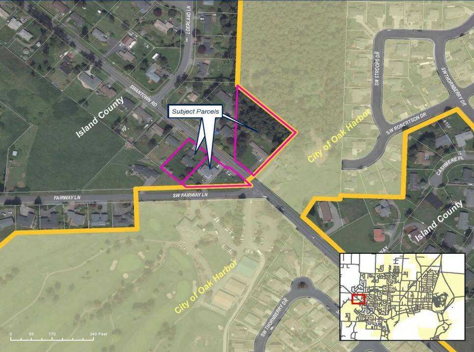 In order to be annexed, the Smiths need to combine their property (outlined by the purple rectangle) with the Kirkendalls’ two properties that border with the city. (Map provided by the City of Oak Harbor)