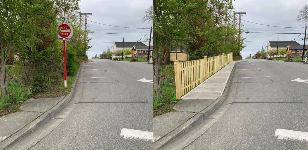 The Town of Coupeville plans to add a sidewalk on the eastern side of Main Street. The photo on the right shows what it could look like after a makeover. (Photos provided)