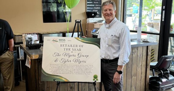 Photo provided by WFIA
Tyler Myers, president and CEO of the Myers Group, celebrates his selection as the WFIA 2023-24 Retailer of the Year. The award was presented at a surprise ceremony held May 13 at the Goose.