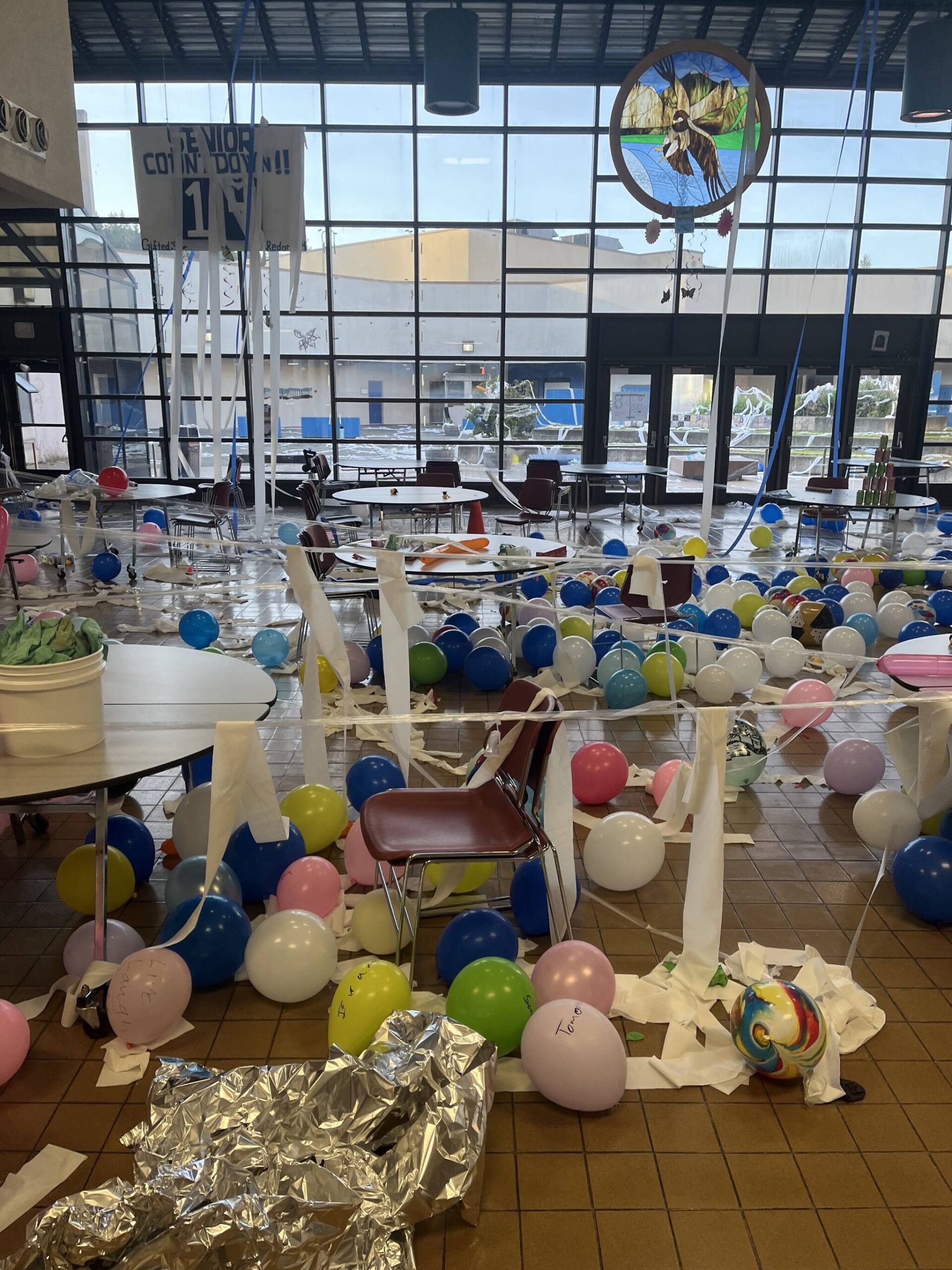 Sunday night, a group of seniors at South Whidbey High School littered the school with balloons, Silly String, Saran wrap and more. According to Superintendent Josephine Moccia, this took staff two hours to clean, though a student said seniors meant to clean the mess themselves and were unable to do so. (Photo provided)