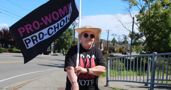 Photo by Luisa Loi
Pam Fick holds a flag and wears a “Handmaid’s Tale” shirt. “The Handmaid’s Tale” is the story about a society were women are completely subservient to men and have no reproductive freedoms, which Fick believes could become a reality.