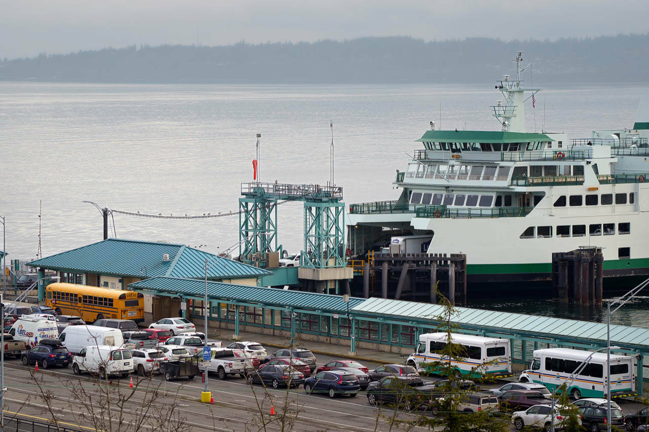 Traffic lines up at the Mukilteo ferry dock. (File photo)