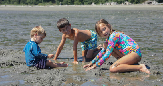 From left, brothers Henry and Charlie Katz and their cousin Penelope Hemker dig a hole in the sand at Double Bluff Beach, July 9. (Photo by Caitlyn Anderson)