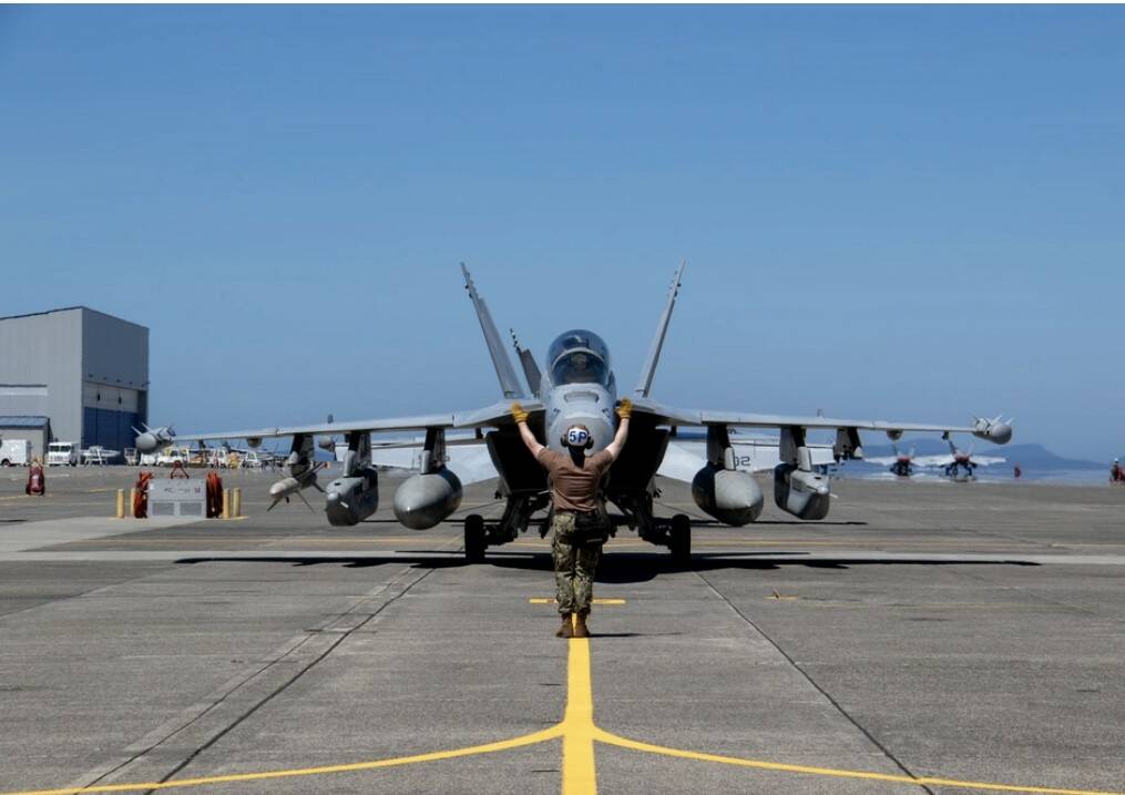 An E/A-18G Growlers, assigned to the “Zappers” of Electronic Attack Squadron (VAQ) 130, return home to Naval Air Station Whidbey Island, Washington, July 13,2024, after a deployment with the Dwight D. Eisenhower Carrier Strike Group. The Dwight D. Eisenhower Carrier Strike Group returned to homeport after a nine-month deployment to the U.S. 5th and 6th Fleet areas of operations to support maritime security, promote regional stability and deter aggressions. (U.S. Navy Photo by Mass Communication Specialist 1st Class William Sykes)